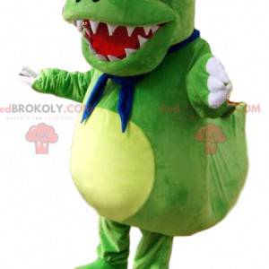 Mascot liten grønn dinosaur med store oransje øyne -