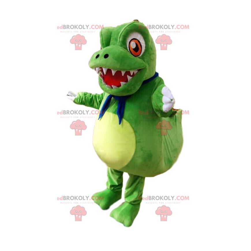 Mascote pequeno dinossauro verde com grandes olhos laranja -