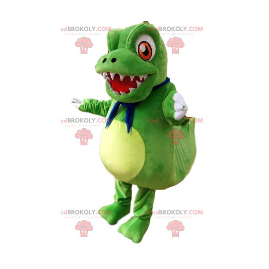 Mascotte piccolo dinosauro verde con grandi occhi arancioni -