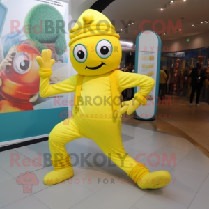 Lemon Yellow Contortionist mascot costume character dressed with a Culottes and Suspenders