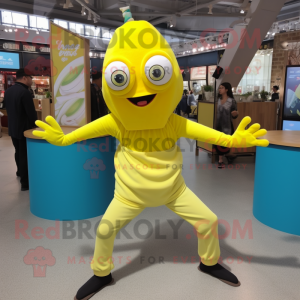 Lemon Yellow Contortionist mascot costume character dressed with a Culottes and Suspenders