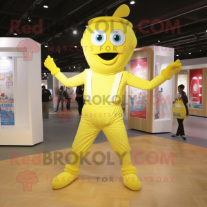 Lemon Yellow Contortionist mascot costume character dressed with a Culottes and Suspenders