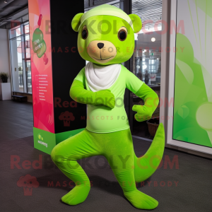 Lime Green Mongoose mascot costume character dressed with a Yoga Pants and Beanies