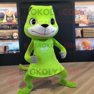Lime Green Mongoose mascot costume character dressed with a Yoga Pants and Beanies