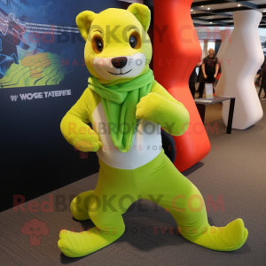 Lime Green Mongoose mascot costume character dressed with a Yoga Pants and Beanies