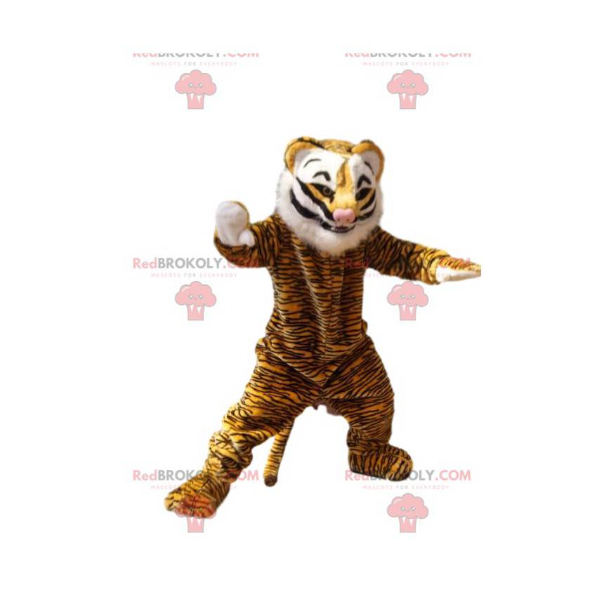 Tiger mascot with a white mane and a pretty pink muzzle -