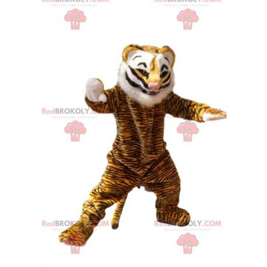Tiger mascot with a white mane and a pretty pink muzzle -