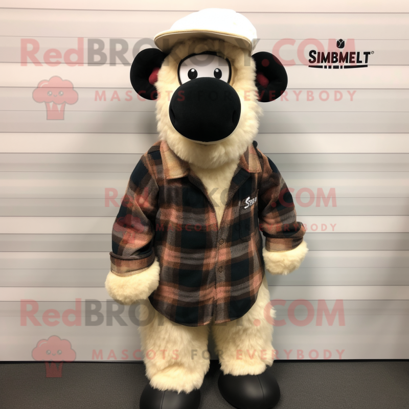 nan Suffolk Sheep mascot costume character dressed with a Flannel Shirt and Caps nan Suffolk Sheep mascot costume character dressed with a Flannel Shirt and Caps