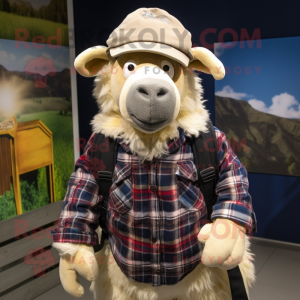 nan Suffolk Sheep mascot costume character dressed with a Flannel Shirt and Caps
