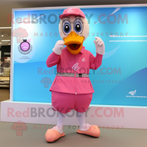 Pink Swans mascot costume character dressed with a Board Shorts and Digital watches