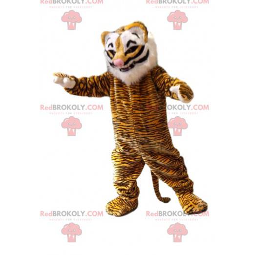 Mascote tigre com crina branca e um lindo focinho rosa -