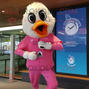 Pink Swans mascot costume character dressed with a Board Shorts and Digital watches