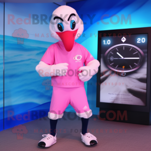 Pink Swans mascot costume character dressed with a Board Shorts and Digital watches