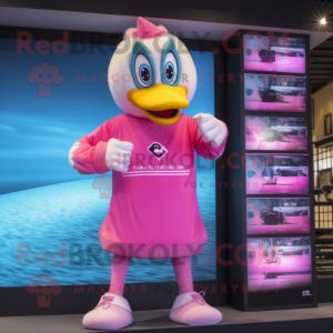 Pink Swans mascot costume character dressed with a Board Shorts and Digital watches