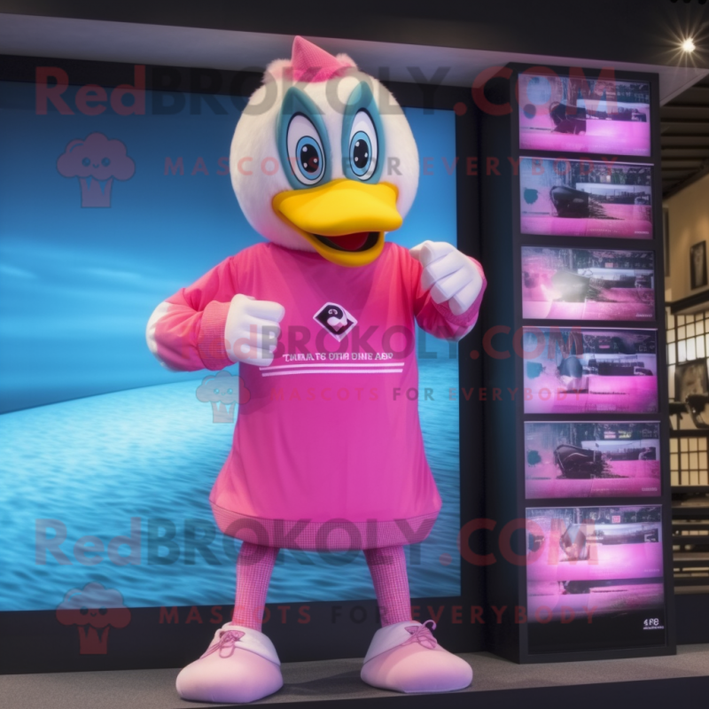 Pink Swans mascot costume character dressed with a Board Shorts and Digital watches