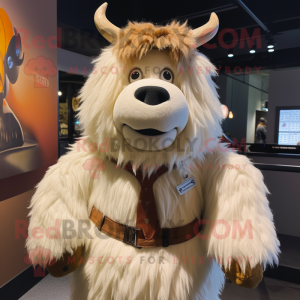 Cream Yak mascot costume character dressed with a Button-Up Shirt and Suspenders