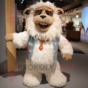 Cream Yak mascot costume character dressed with a Button-Up Shirt and Suspenders