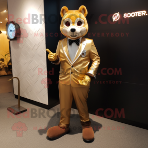 Gold Marten mascot costume character dressed with a Suit Pants and Smartwatches