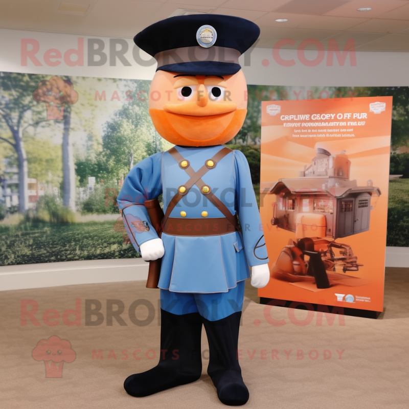 Peach Civil War Soldier mascot costume character dressed with a Sheath Dress and Rings Peach Civil War Soldier mascot costume character dressed with a Sheath Dress and Rings