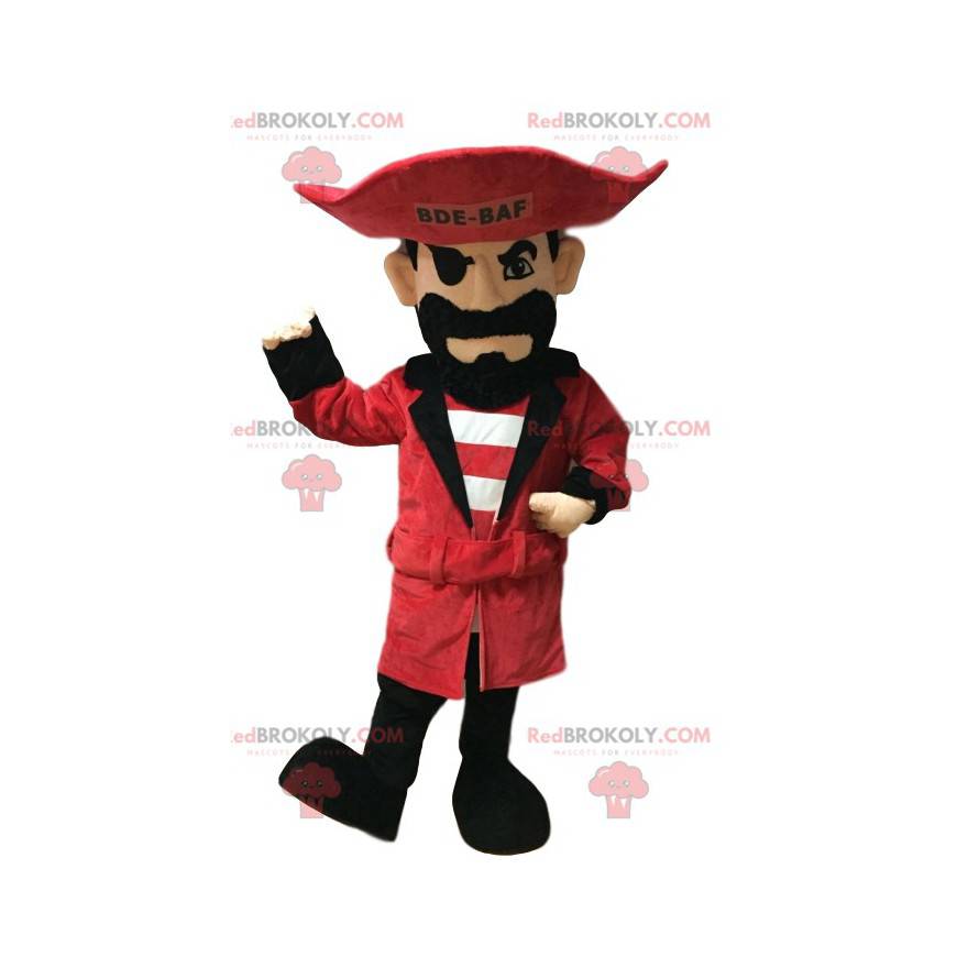 Mascota pirata con un sombrero rojo y una hermosa barba negra.
