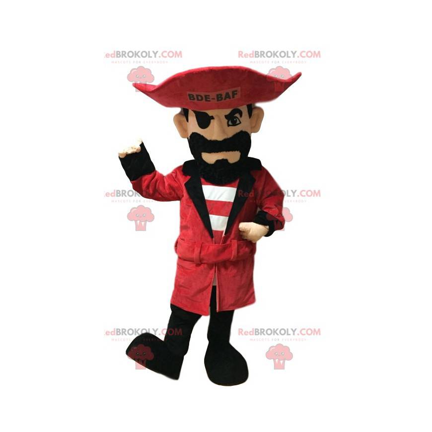 Mascotte de pirate avec un chapeau rouge et une belle barbe