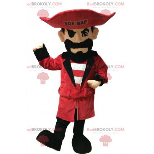 Mascote pirata com chapéu vermelho e uma bela barba preta -