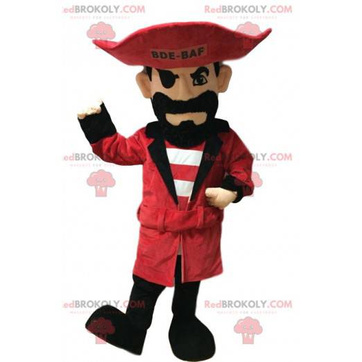 Mascotte pirata con un cappello rosso e una bella barba nera -