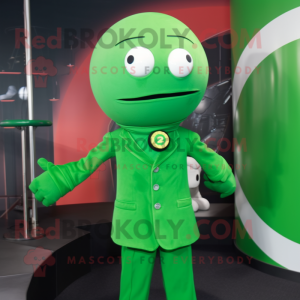 Green Human Cannon Ball mascot costume character dressed with a Suit and Shawl pins