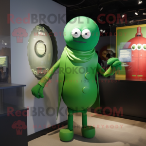 Green Human Cannon Ball mascot costume character dressed with a Suit and Shawl pins