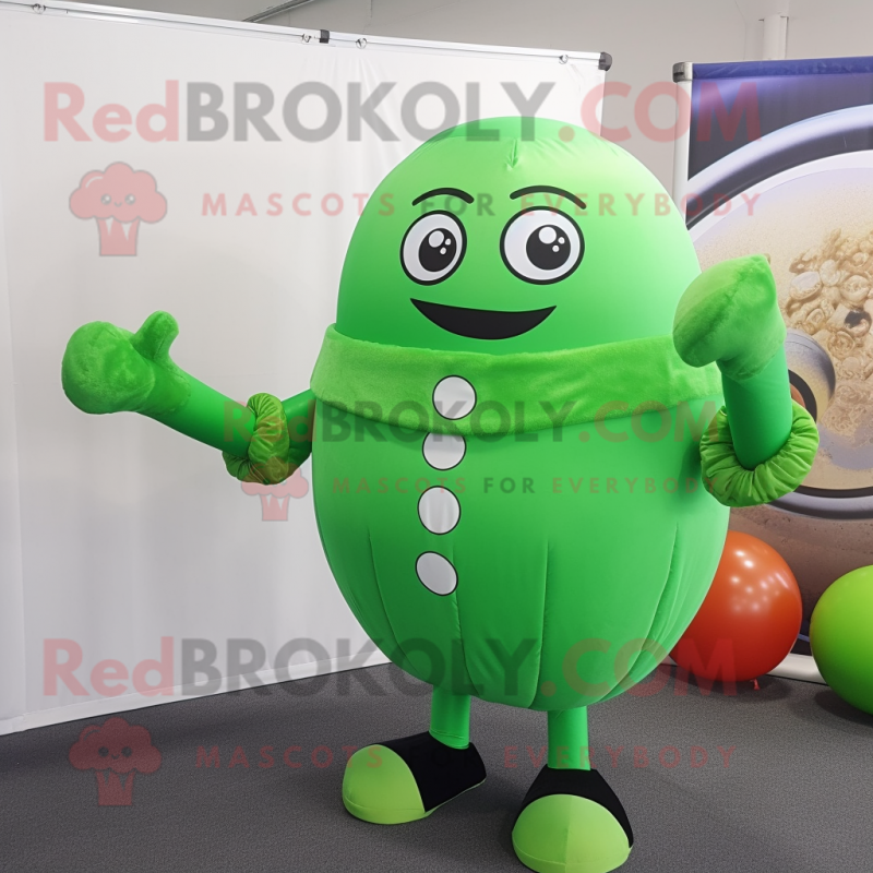 Green Human Cannon Ball mascot costume character dressed with a Suit and Shawl pins Green Human Cannon Ball mascot costume character dressed with a Suit and Shawl pins