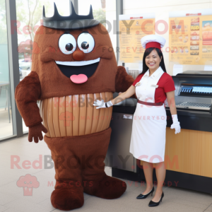 Brown Bbq Ribs mascot costume character dressed with a Pencil Skirt and Watches