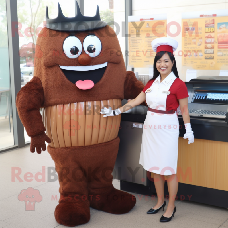 Brown Bbq Ribs mascot costume character dressed with a Pencil Skirt and Watches Brown Bbq Ribs mascot costume character dressed with a Pencil Skirt and Watches