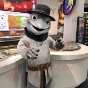 Gray Fajitas mascot costume character dressed with a Coat and Bracelet watches