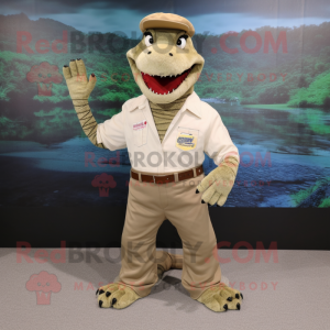 Beige Crocodile mascot costume character dressed with a Jeans and Belts