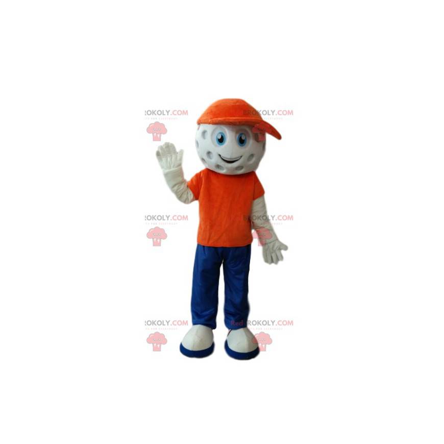 Character mascot with a head in the shape of a golf ball -