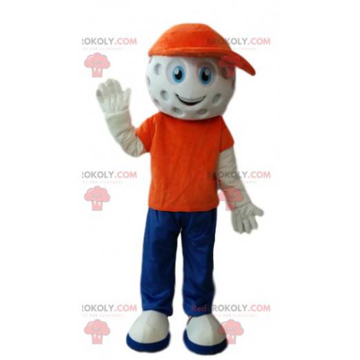 Character mascot with a head in the shape of a golf ball -