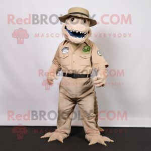 Beige Crocodile mascot costume character dressed with a Jeans and Belts