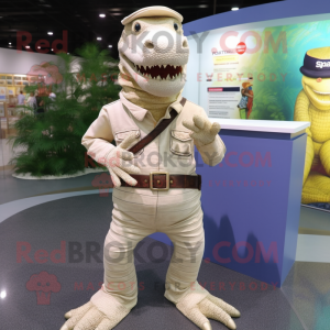 Beige Crocodile mascot costume character dressed with a Jeans and Belts