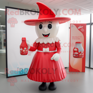 Red Bottle Of Milk mascot costume character dressed with a A-Line Dress and Hats