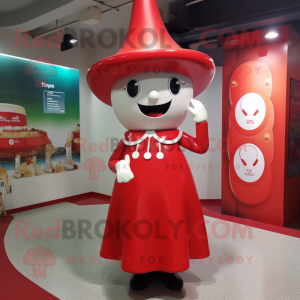 Red Bottle Of Milk mascot costume character dressed with a A-Line Dress and Hats