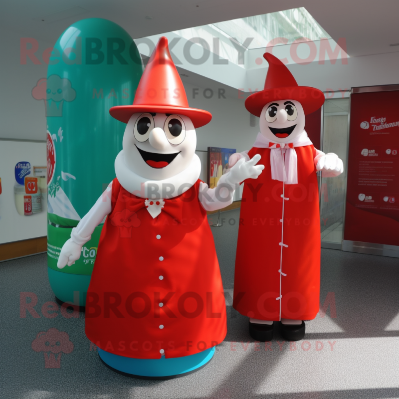 Red Bottle Of Milk mascot costume character dressed with a A-Line Dress and Hats