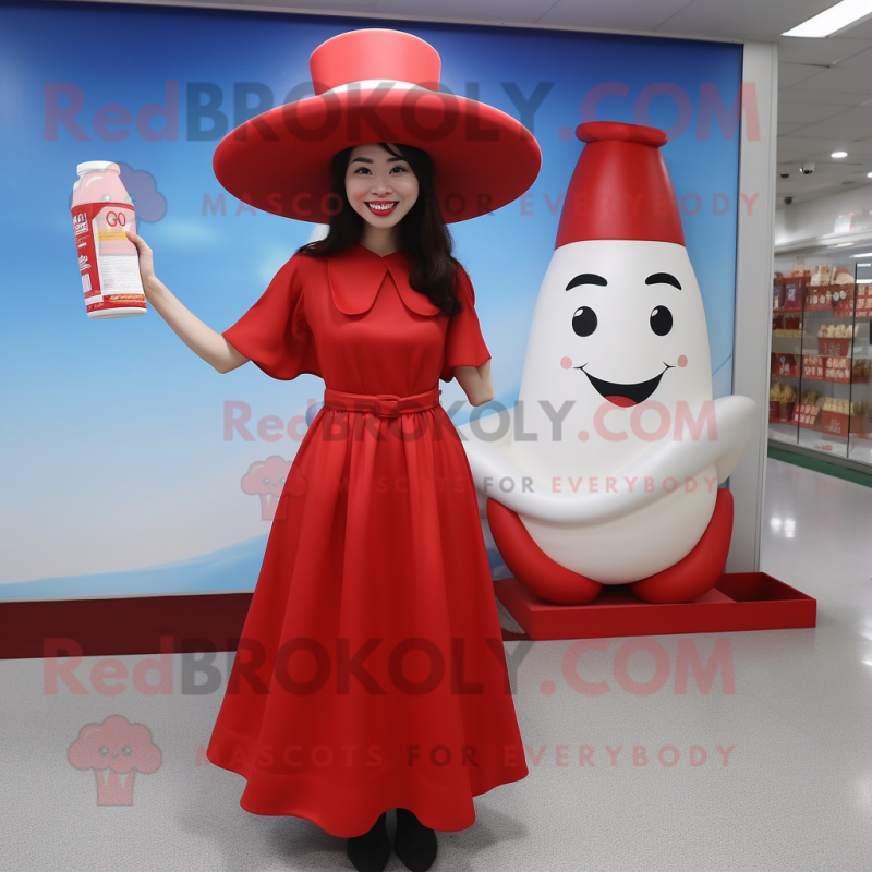 Red Bottle Of Milk mascot costume character dressed with a A-Line Dress and Hats Red Bottle Of Milk mascot costume character dressed with a A-Line Dress and Hats