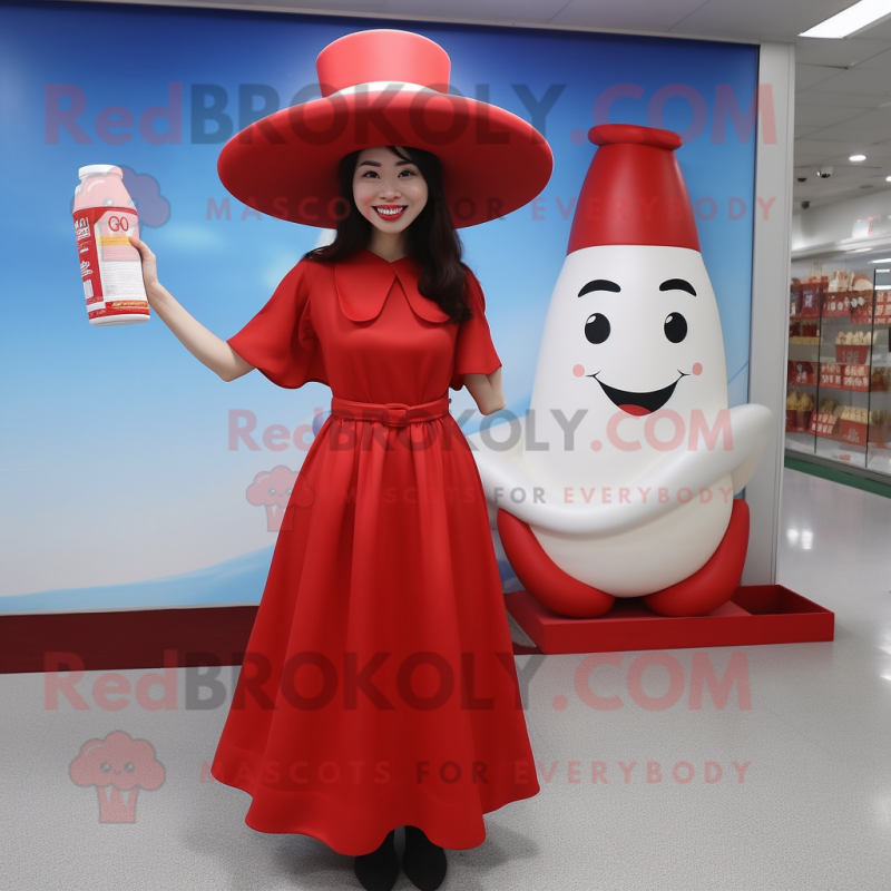 Red Bottle Of Milk mascot costume character dressed with a A-Line Dress and Hats