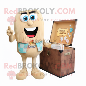Tan Treasure Chest mascot costume character dressed with a Cardigan and Shoe clips