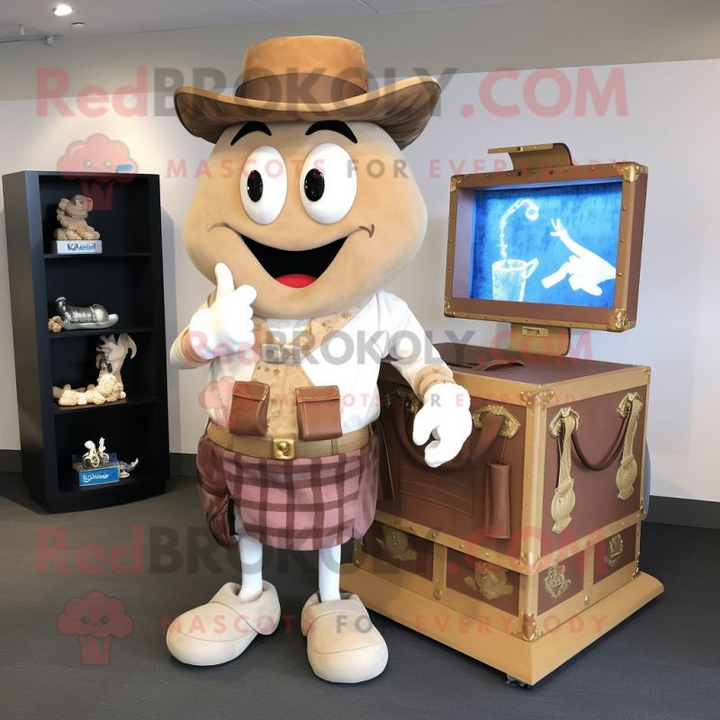 Tan Treasure Chest mascot costume character dressed with a Cardigan and Shoe clips