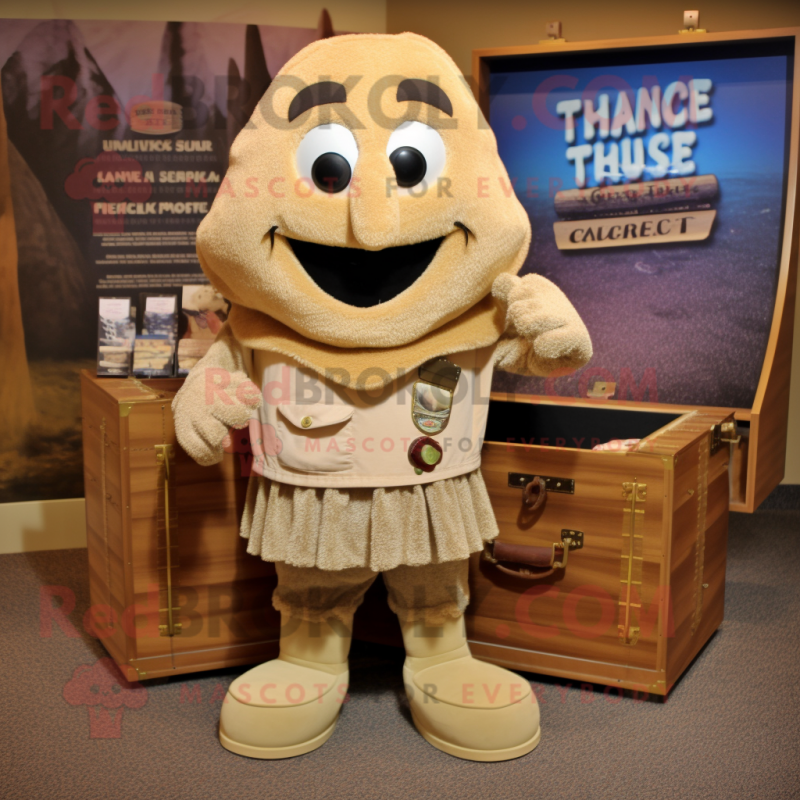 Tan Treasure Chest mascot costume character dressed with a Cardigan and Shoe clips Tan Treasure Chest mascot costume character dressed with a Cardigan and Shoe clips