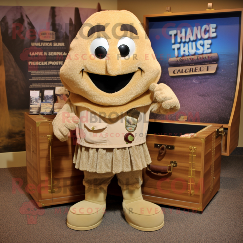 Tan Treasure Chest mascot costume character dressed with a Cardigan and Shoe clips