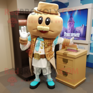 Tan Treasure Chest mascot costume character dressed with a Cardigan and Shoe clips