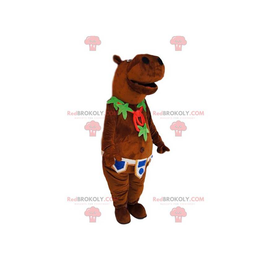 Hyppopotamus mascot with a leaf necklace and a belt -