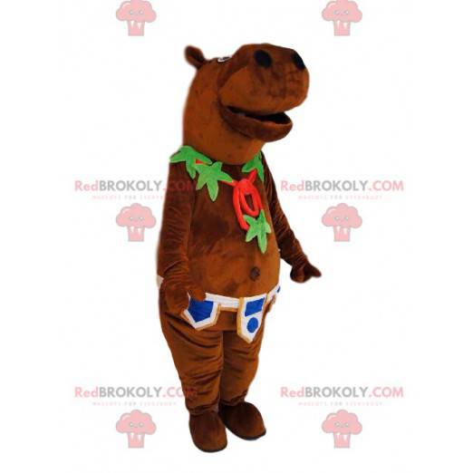 Hyppopotamus mascot with a leaf necklace and a belt -